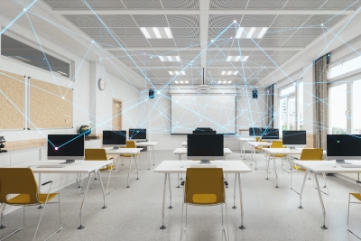 Open book and centered lightbulb, glowing with electronic graphics